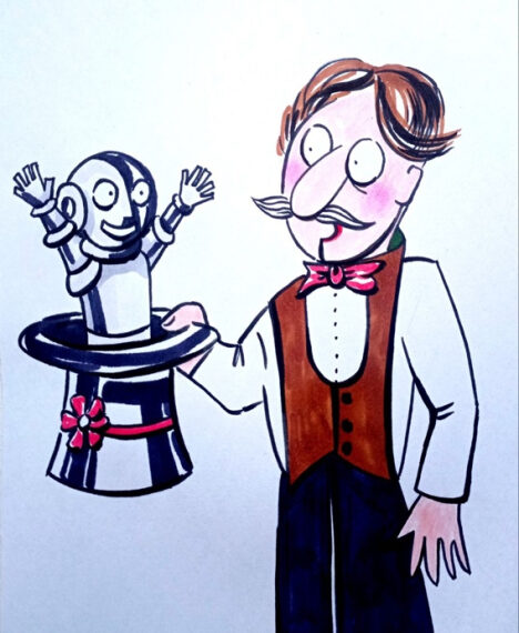 Иллюстрация: фокусник с роботом в цилиндре, оживленная сцена.