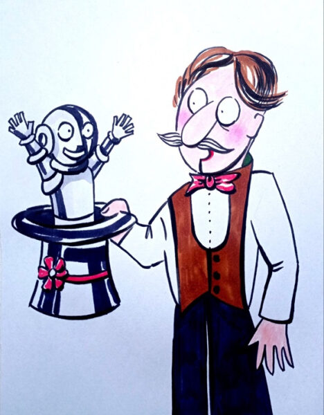 Иллюстрация: фокусник с роботом в цилиндре, оживленная сцена.