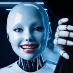 Робот в футуристическом дизайне открывает занавес в неоновом освещении.