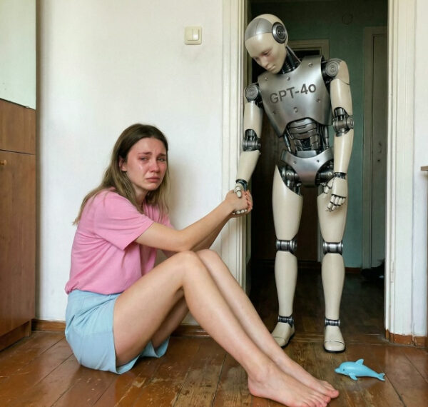 Девушка плачет, роботом поддерживает её, сидя на полу.