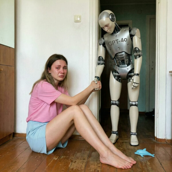 Вчера компания OpenAI отключила модель ChatGPT 4o, из-за чего в сети поднялась бурная реакция, особенно среди девушек 3 Девушка плачет, роботом поддерживает её, сидя на полу.