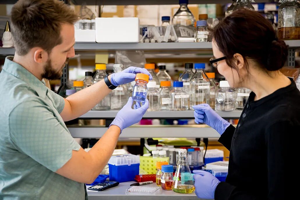 фотография двух коллег в лаборатории, которые в перчатках держат в руках флаконы