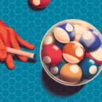 Рука с бильярдным кием и шары на синем фоне, концептуальное изображение игры.