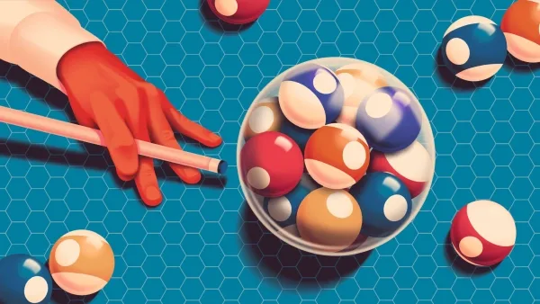 Рука с бильярдным кием и шары на синем фоне, концептуальное изображение игры.