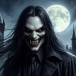 Фигура в плаще на фоне полнолуния и готических башен ночью.