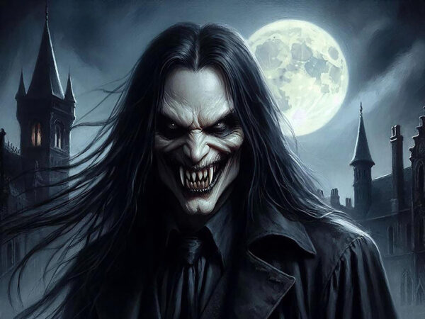 Фигура в плаще на фоне полнолуния и готических башен ночью.