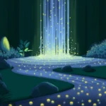 Светящийся поток в лесу, окружённый деревьями и растениями, создает волшебную атмосферу.