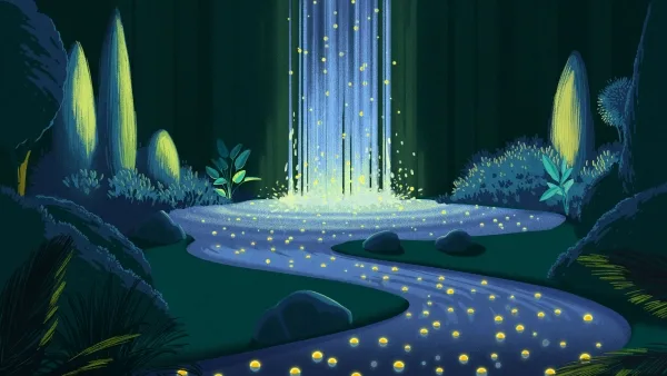Светящийся поток в лесу, окружённый деревьями и растениями, создает волшебную атмосферу.