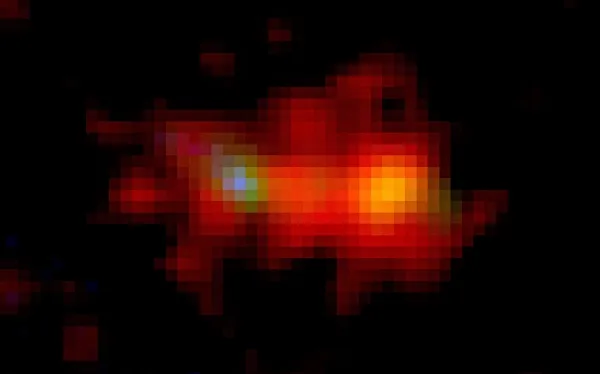 «Прекрасная неразбериха» первого миллиарда лет предстает во всей красе. 2 Размытое пятно красного, желтого и синего света на черном фоне.