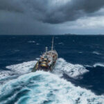 Корабль в бурном море под грозовым небом.