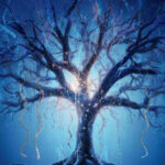 Фантастическое дерево с сияющей аурой на фоне звездного неба.