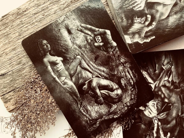 Черно-белые художественные карты на фоне дерева и сухих трав.