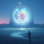 Фигура перед светящимся порталом ночью на пустынном пейзаже. Фантастическая сцена.