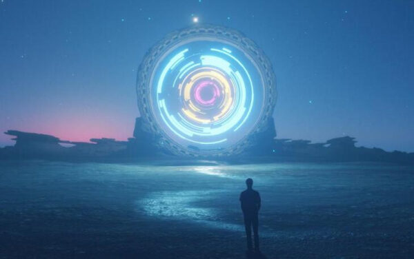 Фигура перед светящимся порталом ночью на пустынном пейзаже. Фантастическая сцена.