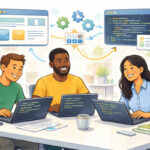 Команда разработчиков обсуждает код за ноутбуками в офисе.