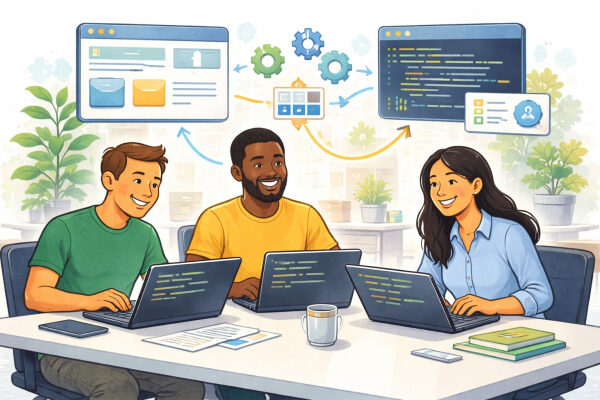 Команда разработчиков обсуждает код за ноутбуками в офисе.