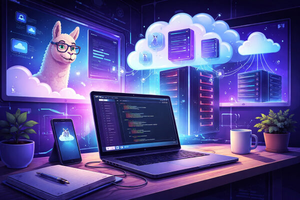 Ноутбук с кодом на столе, облачные серверы, экран с ламой в очках, передает тему IT и технологий.