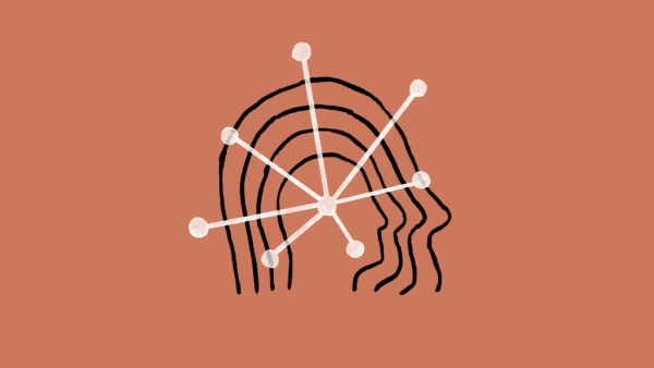 Абстрактный рисунок: линии и точки на коричневом фоне, напоминающие лицо профилем.