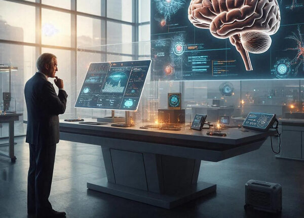 Научная лаборатория, исследователь анализирует данные на голографических экранах, мозг на дисплее.