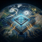 Микрочип на фоне Земли с цифровыми потоками, символизируя глобальные технологии.