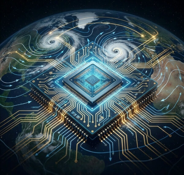Микрочип на фоне Земли с цифровыми потоками, символизируя глобальные технологии.