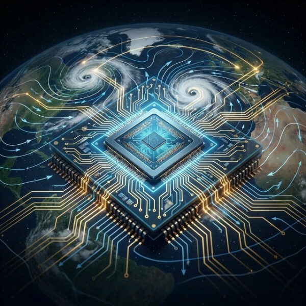Микрочип на фоне Земли с цифровыми потоками, символизируя глобальные технологии.