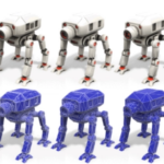 3D-модели роботов: цветные и проволочные версии, вид спереди и сбоку.