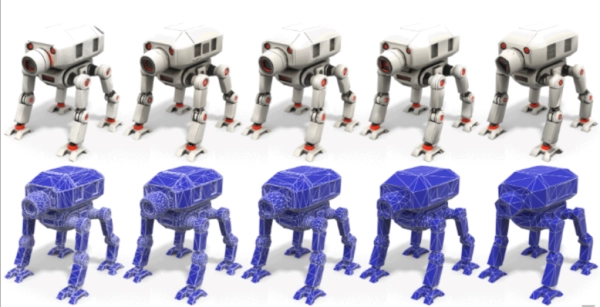 3D-модели роботов: цветные и проволочные версии, вид спереди и сбоку.