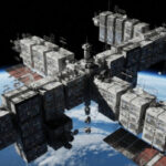 Космическая станция на орбите Земли, вид из космоса, футуристический дизайн.