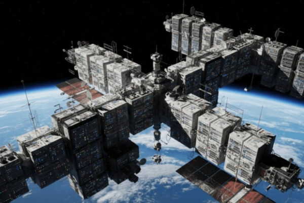 Космическая станция на орбите Земли, вид из космоса, футуристический дизайн.