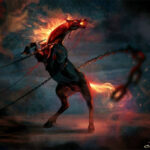 Горящий конь в цепях, мистическая атмосфера, темное фэнтези, арт.