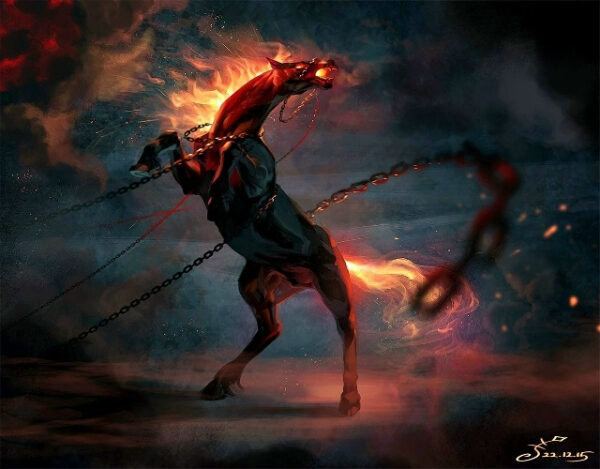 Горящий конь в цепях, мистическая атмосфера, темное фэнтези, арт.