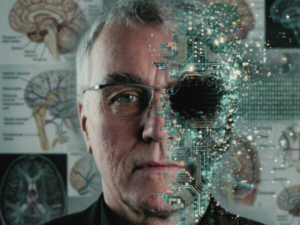 Схемы мозга и данные на фоне, искры цифровой информации, нейронауки.