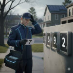 Курьер в униформе доставляет посылку по номеру ящика в жилом районе.