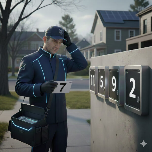 Курьер в униформе доставляет посылку по номеру ящика в жилом районе.