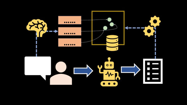 Схема работы нейросети с элементами данных, человеком и роботом на черном фоне.
