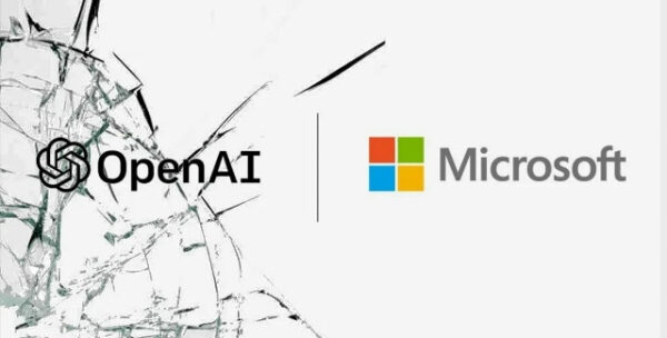 Логотипы OpenAI и Microsoft на белом фоне, наложенные на треснувшее стекло.