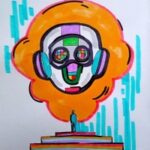 Человек перед гигантской маской в облаке, иллюстрация с яркими цветами.