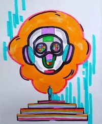 Человек перед гигантской маской в облаке, иллюстрация с яркими цветами.