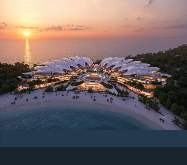 Современное здание на побережье в форме цветка на фоне заката.