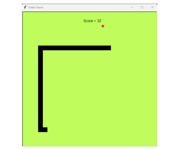 Игра Змейка: зелёный фон, счёт 32, чёрная змейка, красная точка-еда.