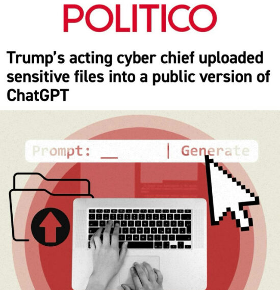 Политико: Кибер-шеф Трампа загрузил файлы в ChatGPT, изображение компьютера и рук.