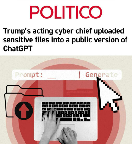 «Глава кибербезопасности Белого дома загрузил конфиденциальные файлы в ChatGPT»: Администрация Трампа слишком глубоко погрузилась в ИИ 3 Политико: Кибер-шеф Трампа загрузил файлы в ChatGPT, изображение компьютера и рук.