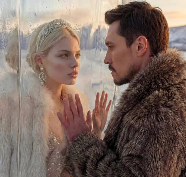 Пара у стеклянной перегородки на фоне зимнего пейзажа в меховых одеждах.