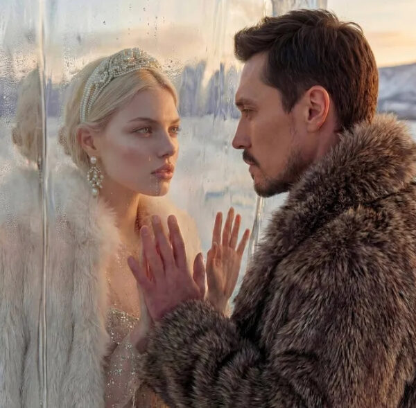 Пара у стеклянной перегородки на фоне зимнего пейзажа в меховых одеждах.