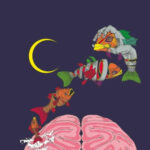 Сюрреалистическая рыба над мозгом и луной на темном фоне.