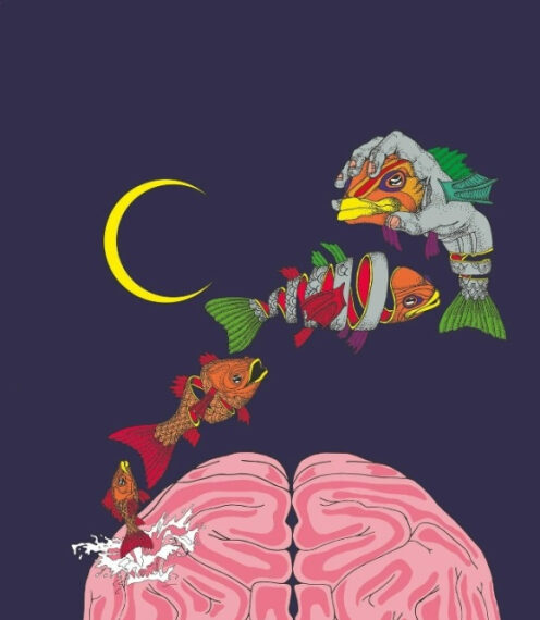 Сюрреалистическая рыба над мозгом и луной на темном фоне.