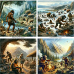 Доисторические люди у костра и животных в разных ландшафтах, занятые повседневной жизнью.