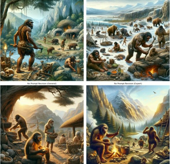 Доисторические люди у костра и животных в разных ландшафтах, занятые повседневной жизнью.