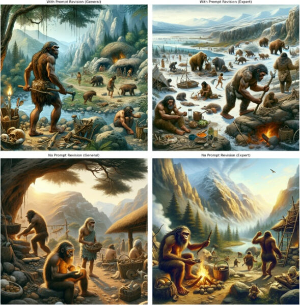 Работу ИИ проверили на неандертальцах 23 Доисторические люди у костра и животных в разных ландшафтах, занятые повседневной жизнью.